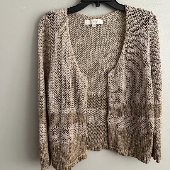 LOFT M Cardigan Tan Gold Sparkle 3/4 Sleeves Open-Knit Front Stripes Metallic - Picture 1 of 8